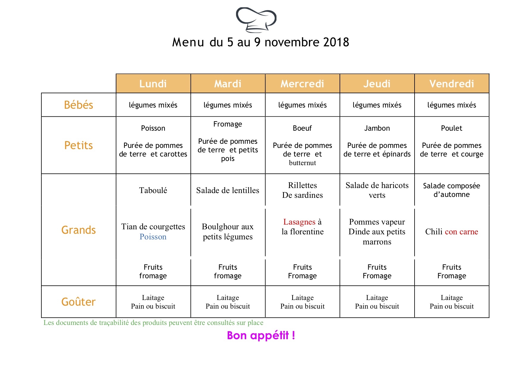 Crèche Saint bernard | Menu du 5 au 9 novembre