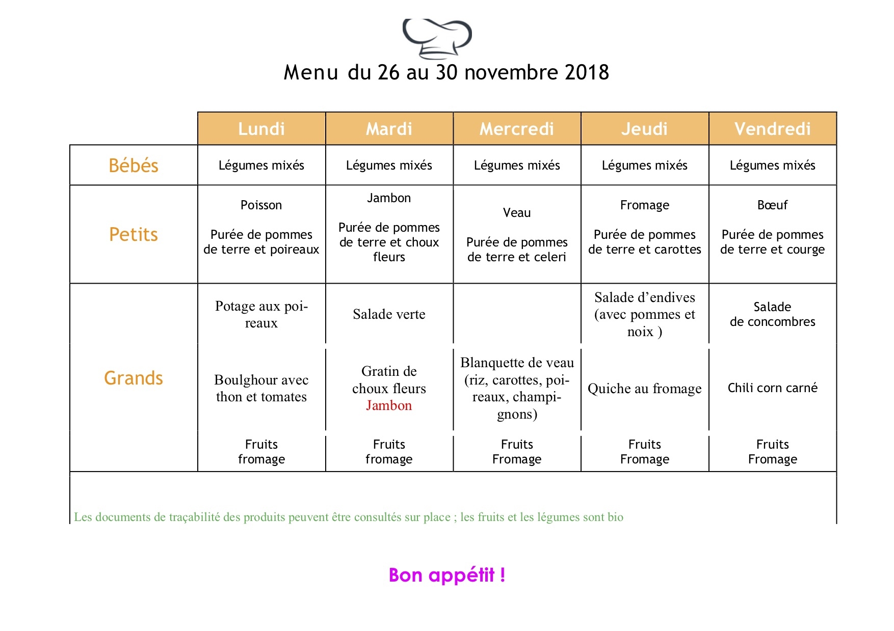 Crèche Saint bernard | Menu du 26 au 30 Novembre