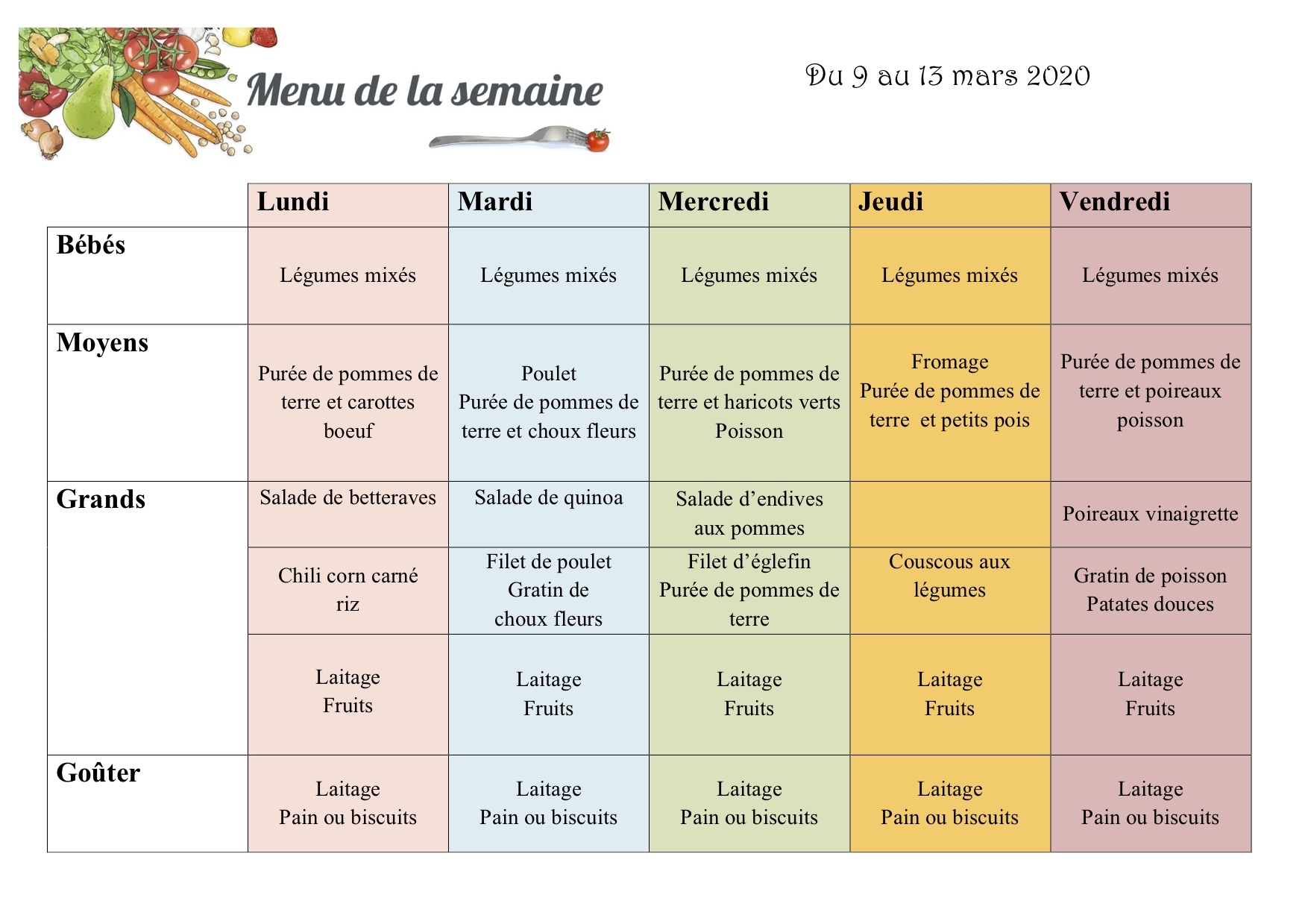 Crèche Saint bernard | Menu du 9 au 13 mars