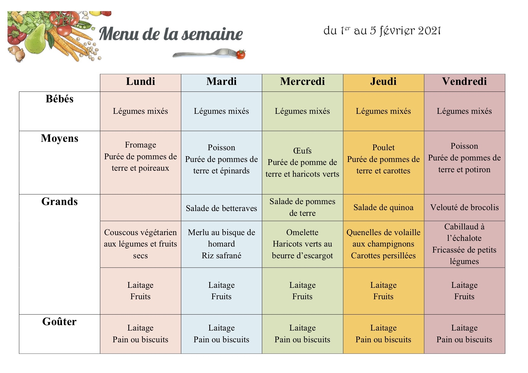 Crèche Saint bernard | Menu du 1er ai 5 Février